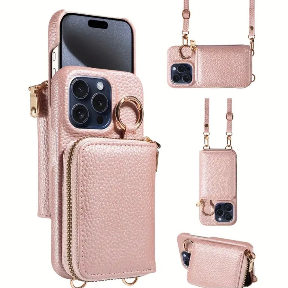 Anti Drop Faux Leather Phone Case With Zipper Lanyard Wallet iPhone 15ProMax